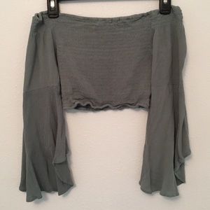 Blue/green off the shoulder crop top